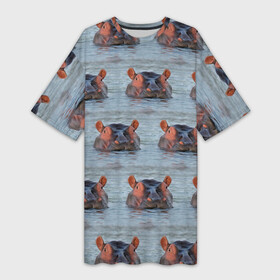 Платье-футболка 3D с принтом бегемоты в воде в Санкт-Петербурге,  |  | бегемот | бегемоты | вода | купается | купание