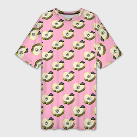 Платье-футболка 3D с принтом Яблочные дольки на розовом фоне с эффектом 3D в Санкт-Петербурге,  |  | абстракция | геометрическая сетка | долька | зеленый | кусочек | паттерн | полная запечатка | розовый | свежесть | фрукт | фруктовый | яблоко | яблочный