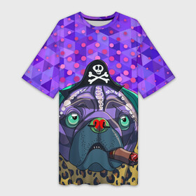 Платье-футболка 3D с принтом Pirate Dog в Санкт-Петербурге,  |  | animal | art | bulldog | cigar | cool | dog | great dane | head | lilac | novelty | pirate | purple | top | trend | арт | бульдог | голова | дог | животное | новинка | пират | прикольная | сиреневый | собака | топ | тренд | фиолетовый