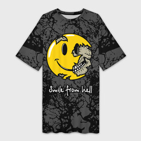 Платье-футболка 3D с принтом Smile from hell в Санкт-Петербурге,  |  | death | from hell | skull | smile | smiley torn | из ада | смайлик разорванный | улыбка | череп