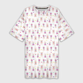 Платье-футболка 3D с принтом Веселые кролики с пасхальными яйцами в Санкт-Петербурге,  |  | белый фон | бирюзовый | детский | желтый | зайчик | заяц | кролик | мультяшный стиль | пастельные тона | пасха | пасхальный | персонаж | розовый | фиолетовый | яйцо