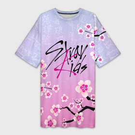Платье-футболка 3D с принтом Stray Kids цветы сакуры в Санкт-Петербурге,  |  | bang chan | changbin | han | hyunjin | k pop | korean pop | lee felix | lee know | seungmin | skz | stray kids | бэнг чан | ли ноу | ли феликс | сакура | скз | стрей кидс | хан | хёнджин | цветы | чана | чангбин