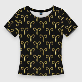 Женская футболка 3D Slim с принтом Золотой овен на черном фоне. Паттерн в Санкт-Петербурге,  |  | 3d | 3д | апрель | бесшовный | гороскоп | знак | зодиак | золото | золотой | март | металл | на день рождения | овен | паттерн | псевдо 3d | символ | узор | черный фон