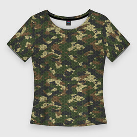 Женская футболка 3D Slim с принтом Камуфляж лесной с высокотехнологичной гексагональной сеткой в Санкт-Петербурге,  |  | 23 февраля | camouflage | military | абстракц | армия | боец | военный камуфляж | воин | война | геометрия | день защитника отечества | камуфляж | маскировка | масхалат | математика | милитари | охота | охрана
