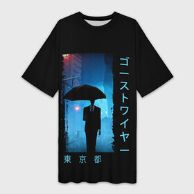 Платье-футболка 3D с принтом Rain Walker Tokyo в Санкт-Петербурге,  |  | ghostwire | дождь | зонт | игра | иероглифы | надпись | персонаж | токио | улица | япония