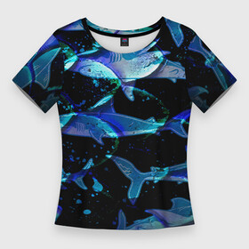 Женская футболка 3D Slim с принтом На дне морском  Акулы в Санкт-Петербурге,  |  | carcharhinidae | shark | акулы | атака акулы | белые акулы | большая акула | виды акул | встречи с акулами | гигантская акула | древние хищники | животные океана | мегалодон | морские животные