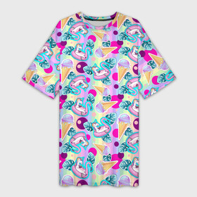 Платье-футболка 3D с принтом Единороги на радужном фоне с мороженым в Санкт-Петербурге,  |  | dab unicorn | horse | ice cream | pony | unicorn | единорог | животное | зверь | конь | лошадь | мифическое существо | мороженое | мультик | пони | радуга | сказка | фламинго