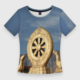 Женская футболка 3D Slim с принтом Колесо Дхармы в Санкт-Петербурге,  |  | Тематика изображения на принте: азия | будда | буддизм | восток | джоканг | дхарма | закон | колесо | лхаса | монастырь | олень | проповедь | спицы