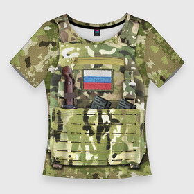 Женская футболка 3D Slim с принтом Бронежилет с боекомплектом в Санкт-Петербурге,  |  | армия | боекомплект | бронежилет | камуфляж | магазин акм | солдатский | флаг россии | шеврон | штык нож