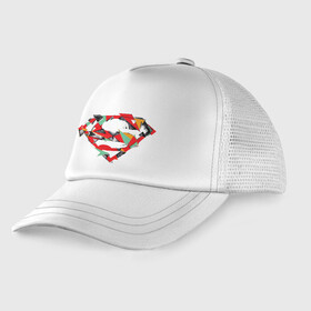 Детская кепка тракер с принтом Logo Superman в Санкт-Петербурге, Козырек - 100% хлопок. Кепка - 100% полиэстер, Задняя часть - сетка | универсальный размер, пластиковая застёжка | Тематика изображения на принте: dc | буква | герой | знак | кларк кент | комиксы | логотип | персонаж | супермен