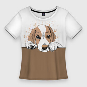 Женская футболка 3D Slim с принтом Грустный Щенок Бигля в Санкт-Петербурге,  |  | animal | beagle | dog | hunting dog | бигль | год собаки | гончая собака | друг человека | животное | зверь | кинолог | охотничья собака | пес | порода собак | собака бигль | собаковод | собачка | хищник