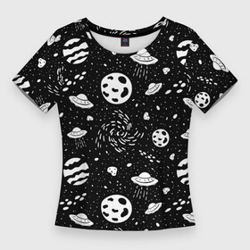 Женская футболка 3D Slim с принтом Космос, дудл в Санкт-Петербурге,  |  | дудл | звезды | инопланетяне | корабли | космические | космос | летающие | паттерн | планеты | пришельцы | тарелки | черно белый