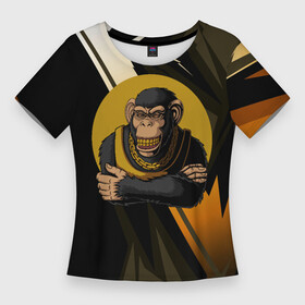 Женская футболка 3D Slim с принтом Обезьяна с золотой цепью в Санкт-Петербурге,  |  | monkey | золотая цепь | золото | обезьяна | обезьянка | цепочка