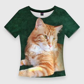 Женская футболка 3D Slim с принтом Мейн кун рыжий кот в Санкт-Петербурге,  |  | Тематика изображения на принте: cat | зеленая | зеленый | кот | котенок | котик | красивый | кун | мейн | порода | рыжий | фотография