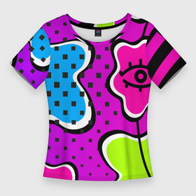 Женская футболка 3D Slim с принтом Яркий абстрактный узор в стиле 90х, неоновые цвета в Санкт-Петербурге,  |  | Тематика изображения на принте: 90 | 90х | 90ые | pop art | амебы | геометрический | глаз | глаза | кислотные | кляксы | неон | неоновый | поп | поп арт | пятна | розовый | салатовый | сетка дот | яркий