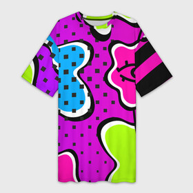 Платье-футболка 3D с принтом Яркий абстрактный узор в стиле 90х, неоновые цвета в Санкт-Петербурге,  |  | 90 | 90х | 90ые | pop art | амебы | геометрический | глаз | глаза | кислотные | кляксы | неон | неоновый | поп | поп арт | пятна | розовый | салатовый | сетка дот | яркий