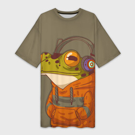 Платье-футболка 3D с принтом Лягуха в наушниках в Санкт-Петербурге,  |  | frog | жаба | лягуха | лягушка | наушники