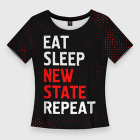 Женская футболка 3D Slim с принтом Eat Sleep New State Repeat  Потертости в Санкт-Петербурге,  |  | battlegrounds | eat sleep new state repeat | logo | pubg | батлграунт | гранж | игра | игры | лого | логотип | пабг | символ