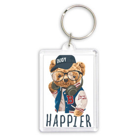 Брелок прямоугольный 35*50 с принтом ENJOY HAPPIER в Санкт-Петербурге,  |  | art | bear | bear in a bomber jacket | cool bear | drawing | headphones | арт | крутой мишка | медведь | мишка | мишка в бомбере | наушники | очки | рисунок