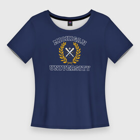 Женская футболка 3D Slim с принтом Michigan University, дизайн в стиле американского университета на синем фоне в Санкт-Петербурге,  |  | est | michigan | university | америка | американские университеты | американский колледж | американский спорт | биты | колледж | мяч | спорт | сша | университеты америки