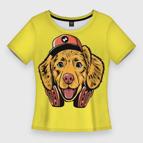 Женская футболка 3D Slim с принтом СОБАКА ХИППИ в Санкт-Петербурге,  |  | животное | забавный | кепка | любовь | милый | музыка | наушники | собака | тренды | хиппи | хипстер | щенок