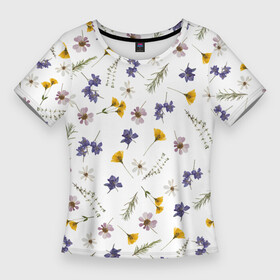Женская футболка 3D Slim с принтом Простые цветы на белом фоне в Санкт-Петербурге,  |  | белый фон | василек | весна | веточки | детский принт | летний принт | лето | милый принт | наивный принт | пионы | простые цветы | разноцветные цветы | ромашки | сирень | цветочки | цветочный дизайн