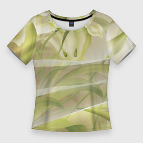 Женская футболка 3D Slim с принтом Абстрактные ирисы в Санкт-Петербурге,  |  | абстракция | зеленый | ирис | линии | нежный | сетка | цветочки | цветы