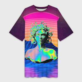 Платье-футболка 3D с принтом Gorgon Medusa  Vaporwave  Neon  Mountains в Санкт-Петербурге,  |  | color | face | gorgon | medusa | neon | snake | vaporwave | горгона | змея | лицо | медуза | неон | цвет