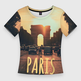 Женская футболка 3D Slim с принтом Закат в Париже в Санкт-Петербурге,  |  | paris | авто | автомобиль | ампир | арка | арка победы | архитектура | вечер | гламур | город | де голль | дорога | закат | машина | наполеон | париж | площадь | победа | триумф | триумфальная