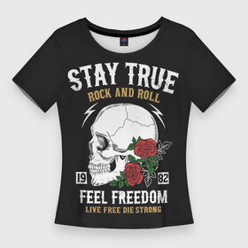 Женская футболка 3D Slim с принтом Сила в правде, а правда в рок н ролле в Санкт-Петербурге,  |  | гот | метал | правда | призыв | розы | рок | сила | скелет | цветы | череп | эмо