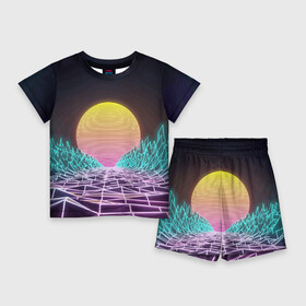 Детский костюм с шортами 3D с принтом Vaporwave  Закат солнца в горах  Neon в Санкт-Петербурге,  |  | mountains | neon | sun | sunset | vaporwave | горы | закат | неон | солнце