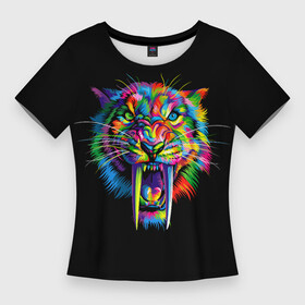 Женская футболка 3D Slim с принтом ЦВЕТНОЙ ТИГР THE COLORED TIGER в Санкт-Петербурге,  |  | большая кошка | дикий | животное | кошка | тигр | хищник | цветной