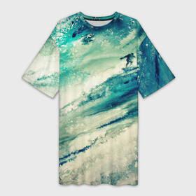 Платье-футболка 3D с принтом Лазурная волна в Санкт-Петербурге,  |  | ognivo | акварель | акварельный рисунок | большая волна | бушующий океан | волна | живопись | ильина ирина | море | огниво | океан | развлечения | рисунок акварелью | серфер | серфингист | спорт | хобби