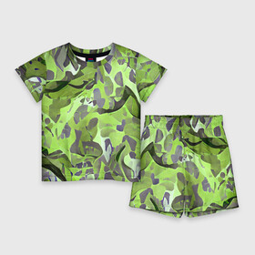 Детский костюм с шортами 3D с принтом Green breeze в Санкт-Петербурге,  |  | art | camouflage | colors | gray | green | military | pattern | soldier | war | военный | зеленый | камуфляж | маскировка | паттерн | серый | солдат | узор