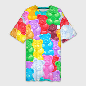 Платье-футболка 3D с принтом мармеладные мишки разноцветные в Санкт-Петербурге,  |  | background | bear | bears | colorful | gummy bears | haribo | marmalade | multicolor | sweets | мармелад | мармеладные мишки | медведи | медведь | мишки | мультицвет | разноцветный | сладости | фон | харибо