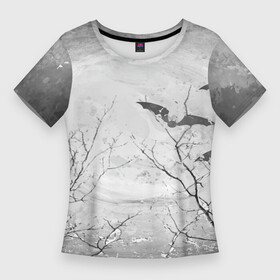 Женская футболка 3D Slim с принтом Ночь. Луна.Летучая мышь в Санкт-Петербурге,  |  | деревья | летучая мышь | луна | ночь | природа | фильм ужасов