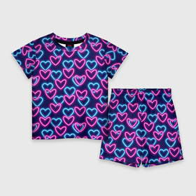 Детский костюм с шортами 3D с принтом Неоновые сердца, паттерн в Санкт-Петербурге,  |  | абстракция | любовь | неон | неоновый | розовый | сердце | темный фон