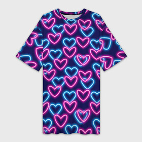 Платье-футболка 3D с принтом Неоновые сердца, паттерн в Санкт-Петербурге,  |  | абстракция | любовь | неон | неоновый | розовый | сердце | темный фон