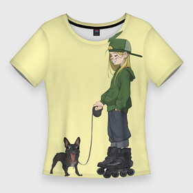 Женская футболка 3D Slim с принтом Девочка и собака улыбака в Санкт-Петербурге,  |  | бульдог | девушка | мопс | ролики | роллер | смайл | собака | тинейджер | улыбка