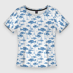 Женская футболка 3D Slim с принтом Голубые рыбки ретро принт в Санкт-Петербурге,  |  | Тематика изображения на принте: blue and white | fish | nautical | морской | пляжный узор | рыбы
