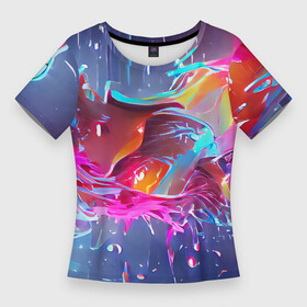 Женская футболка 3D Slim с принтом Neon splashes в Санкт-Петербурге,  |  | abstraction | bright | colors | neon | positive | splashes | абстракция | брызги | краска | неон | позитивный | фееричный | яркий