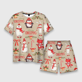 Мужской костюм с шортами 3D с принтом СЧАСТЛИВОГО РОЖДЕСТВА ( MERRY CHRISTMAS) в Санкт-Петербурге,  |  | дед мороз | елка | заяц | зима | каникулы | лиса | медведь | олени | пингвин | праздник | праздничный | снег | цитата