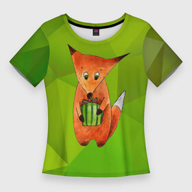 Женская футболка 3D Slim с принтом Лисенок с подарком в Санкт-Петербурге,  |  | день рождения | лис | лиса | лисенок | лисица | подарок