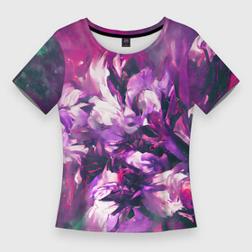 Женская футболка 3D Slim с принтом Wild flowers в Санкт-Петербурге,  |  | abstraction | bright | colors | flowers | nature | petals | purple | wild | абстракция | дикие | лепестки | природа | разноцветный | сочный | фееричный | фиолетовый | цветы | яркий