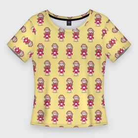 Женская футболка 3D Slim с принтом Обезьянка на грибе в Санкт-Петербурге,  |  | гриб | желтый | животное | красный | милота | обезьяна | улыбка