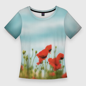 Женская футболка 3D Slim с принтом Маки  небо в Санкт-Петербурге,  |  | в поле | красные пятна | мак | маки | небо | небо с цветами | поле | полевые цветы | природа | с маками | с цветами | цветочный принт | цветы