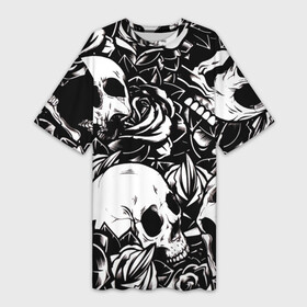 Платье-футболка 3D с принтом черепа и розы на черном фоне в Санкт-Петербурге,  |  | background | black | black background | bw | flowers | roses | skeleton | skeletons | skull | skulls | white | белый | розы | скелет | скелеты | фон | цветы | чб | череп | черепа | черный | черный фон