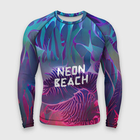 Мужской рашгард 3D с принтом Neon beach в Санкт-Петербурге,  |  | beach | blue | bright | colors | fern | gradient | jungle | leaves | multicoloured | neon | palm | purple | red | summer | tree | tropical | градиент | джунгли | красный | лето | неон | пальма | папоротник | пляж | радостный | разноцветный | син