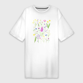 Платье-футболка хлопок с принтом Полевые цветы растения акварелью Ботаника в Санкт-Петербурге,  |  | Тематика изображения на принте: акварельная иллюстрация | ботаника | ботанический | василек | иван чай | кипрей | клевер | колокольчик | лаванда | лютик | одуванчик | растения | ромашка | цветы