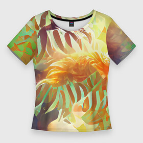 Женская футболка 3D Slim с принтом Fern leaves в Санкт-Петербурге,  |  | colors | fern | jungle | leaves | multicoloured | palm | summer | tree | деревья | джунгли | летнее настроение | лето | листья | пальма | папоротник | радостный | разноцветный | растения | рисунок | тропики | яркий